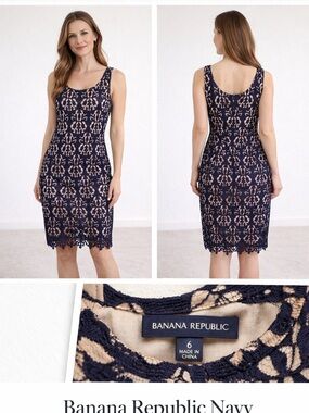Banana Republic Lace Dress Navy Beige Size 6
